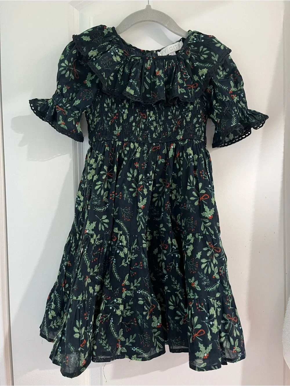 Ivy City Co Dark Green Floral Ruffle Smocked Dress with Red Accents
